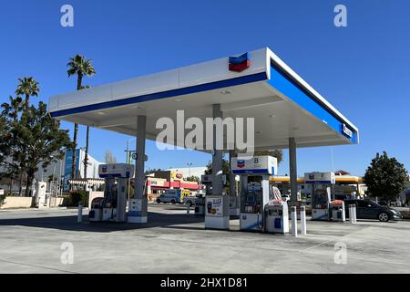 Empty gas pumps are seen at a Chevron ExtraMile convenience store, Tuesday, Mar. 8, 2022, in Monterey Park, Calif. Stock Photo