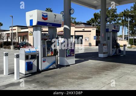 Empty gas pumps are seen at a Chevron ExtraMile convenience store, Tuesday, Mar. 8, 2022, in Monterey Park, Calif. Stock Photo