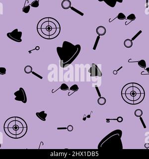 Detective, spy, mafia seamless pattern. Black items on lilac background. Stock Vector