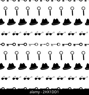 Detective, spy, mafia seamless pattern. Black items in a row on white background. Stock Vector