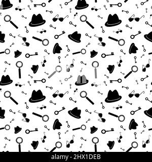 Detective, spy, mafia seamless pattern. Black items on white background. Stock Vector