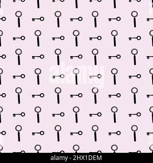 Magnifier and Key seamless pattern on pink background. Stock Vector