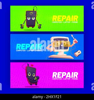 Gadgets repair service cartoon ad banners. Computer and smartphone characters, cute pc desktop in protective glasses and screwdriver in hand. Vector mascots fixing broken electronics device repairment Stock Vector