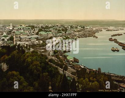 Vintage polychrom color print ca. 1890-1900 of Podil or the lower city and the Dnieper River in Kiev (Kyiv), the capital of Ukraine Stock Photo