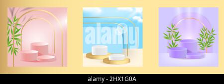 Set collection of colorful luxury podium stage or platform for isolated product display presentation in pastel color, blue, purple, pink with cloud, g Stock Vector