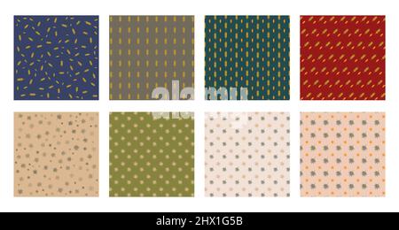 Set collection of palm tree and wheat grass leaf seamless pattern in multicolored background. Vector illustration Stock Vector