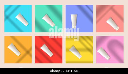 Set collection of multicolored product display with shadow overlay effect, template design for social media square banner background promotion and pre Stock Vector