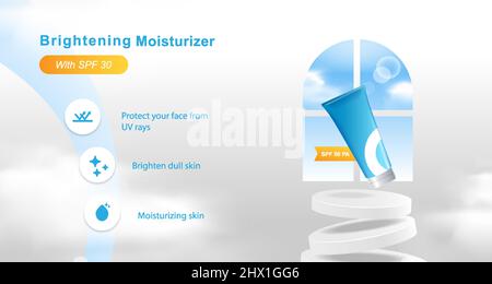 Minimal modern beauty cosmetic sunscreen product display banner template with blue sky cloud background for branding marketing. Including icon, podium Stock Vector