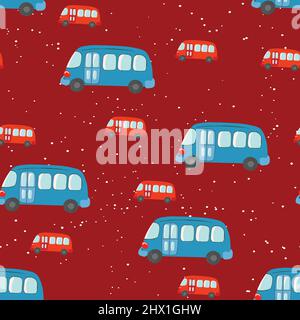 Seamless pattern with cute bus, car on color background. Cartoot transport. Vector illustration. Doodle style. Design for baby print, invitation Stock Vector