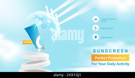 Minimal modern beauty cosmetic sunscreen product display banner template with blue sky cloud background for branding marketing. Including icon, podium Stock Vector