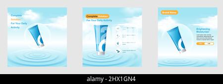 Minimal beauty cosmetic social media square post template banner in blue white color with water ripple, cloud, sky. For product knowledge, display, pr Stock Vector