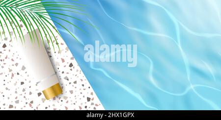 Beauty cosmetic product display background with blue pool ocean water ripple, palm leaf, and terrazzo ceramic for branding and marketing banner templa Stock Vector