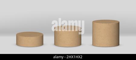 Realistic cardboard paper 3d cylinder stand isolated on grey background.  Stock Vector