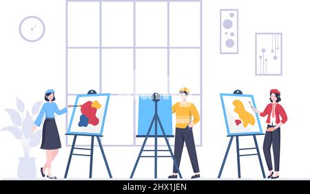 Painting Girl Model Sitting on Chair Posing to Paints using Easel, Canvas, Brushes and Watercolor for Poster or Workshops Designs in Flat Illustration Stock Vector