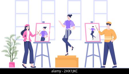 Painting Girl Model Sitting on Chair Posing to Paints using Easel, Canvas, Brushes and Watercolor for Poster or Workshops Designs in Flat Illustration Stock Vector
