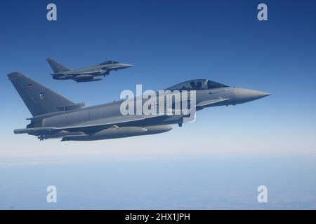 Air defense fighters during an air to air photoshoot (QRA), German Air Force Eurofighter Stock Photo
