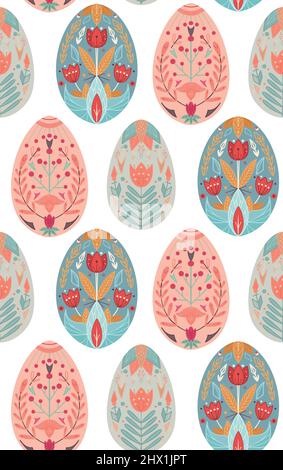 Vector seamless pattern with Easter eggs with a folk pattern in row. Gentle texture with festive treat with a folk decoration on white background. Stock Vector