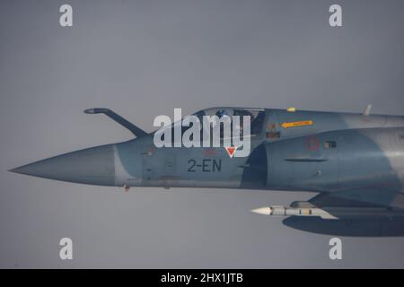 Air defense fighters during an air to air photoshoot (QRA), French Air Force Mirage 2000 Stock Photo