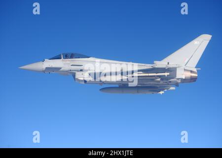 Air defense fighters during an air to air photoshoot (QRA), Royal Air Force Eurofighter Stock Photo
