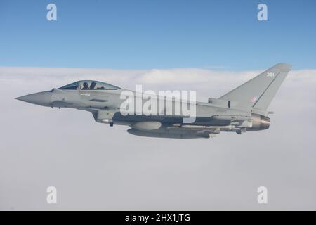Air defense fighters during an air to air photoshoot (QRA), Royal Air Force Eurofighter Stock Photo