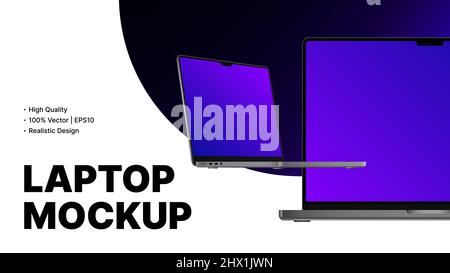 Two Isometric Laptops with Editable Screens Mockup. Simple Banner, Realistic Design. Vector illustration Stock Vector