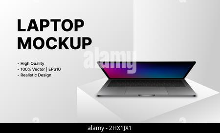 Half closed Realistic Laptop with blank Screen. Digital Product Mockup on White Background. Vector illustration Stock Vector