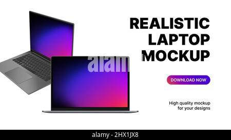 Two Blank Laptops Rotated and Front View. Realistic Device Mockups. Vector illustration Stock Vector