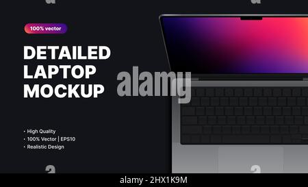 Laptop Mockup. Detailed Device top view on Dark background. Vector illustration Stock Vector