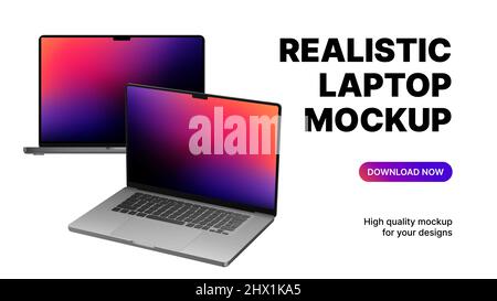 Two Blank Laptops Rotated and Front View. Realistic Device Mockups on White Background. Vector illustration Stock Vector