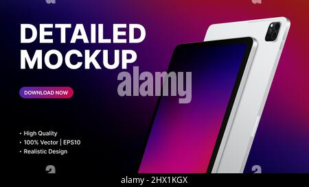 White Tablet Gradient Mockup. Detailed Landing Page for Website. Device, Ui, App Advertisement. Vector illustration Stock Vector