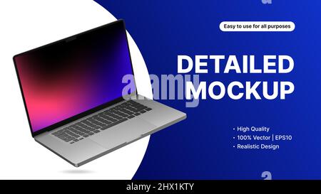 Laptop Mockup in Rotated Position on Blue Background. Realistic Banner Design for Presentation. Vector illustration Stock Vector