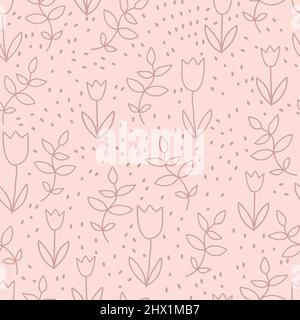 tulip flowers and dots doodle hand drawn seamless pattern of cute botanical elements. Stock Vector