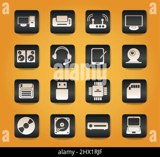 Computer equipment symbols on black buttons on yellow background Stock Vector