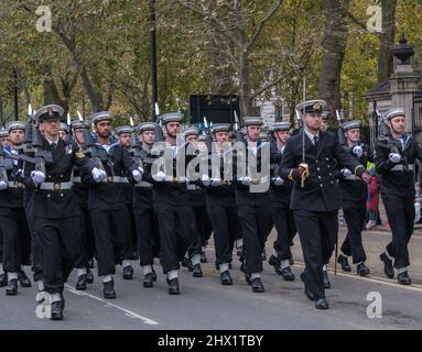 The Royal Navy marching in the Lord Mayor’s Show 2021, Victoria Embankment, London, England, UK. Stock Photo