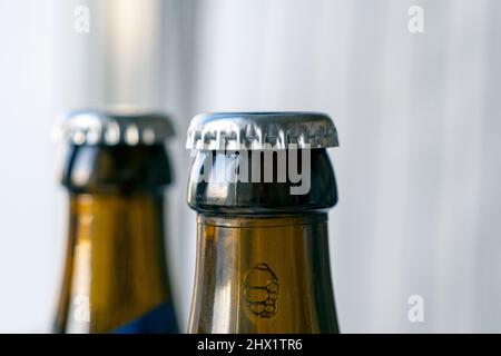 Close-up of two glass bottles with silver lids Stock Photo