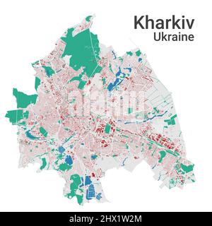 Kharkiv vector map. Detailed map of Kharkiv city administrative area. Cityscape panorama. Road Map with buildings, water, forest. Tourist decorative m Stock Vector