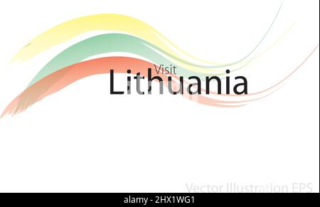 the slogan visit Lithuania with curved waves in watercolor style which are in the colors of the national flag. Vector Illustration Stock Vector