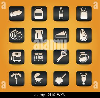 Food and kitchen symbols on black buttons on yellow background Stock Vector