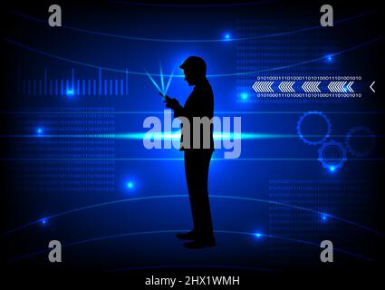 drawing silhouette business man hold smartphone, connection technology concept using smartphone vector illustration Stock Vector