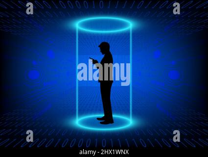 drawing silhouette business man hold smartphone, connection technology concept using smartphone vector illustration Stock Vector