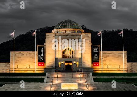 Illuminated Australian War Memorial in Canberra. Stock Photo