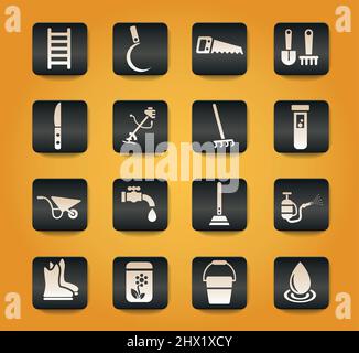 garden tools symbols on black buttons on yellow background Stock Vector