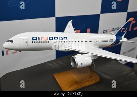 Tokyo, Japan, March 8, 2022. Boeing 787-8 (JA801A) model plane