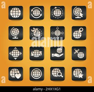 globes symbols on black buttons on yellow background Stock Vector