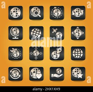 globes symbols on black buttons on yellow background Stock Vector