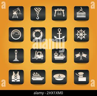 harbor symbols on black buttons on yellow background Stock Vector