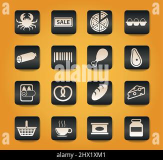 Grocery symbols on black buttons on yellow background Stock Vector