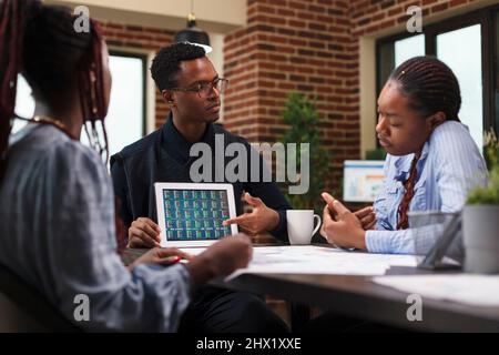Business development company project manager pointing financial analysis on tablet. Research agency team staff briefed by superior about marketing strategy expenses and possible bankruptcy. Stock Photo