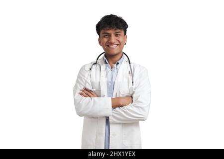 Portrait of young peruvian male doctor smiling and looking at camera, isolated. Stock Photo
