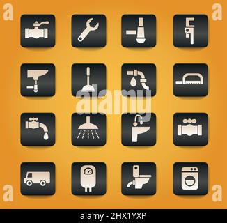 plumbing service symbols on black buttons on yellow background Stock Vector